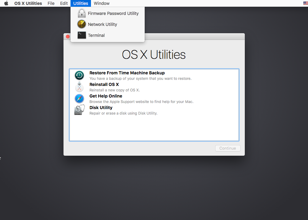 Launching Terminal from OS X Utilities to uninstall Bitdefender Antivirus for Mac