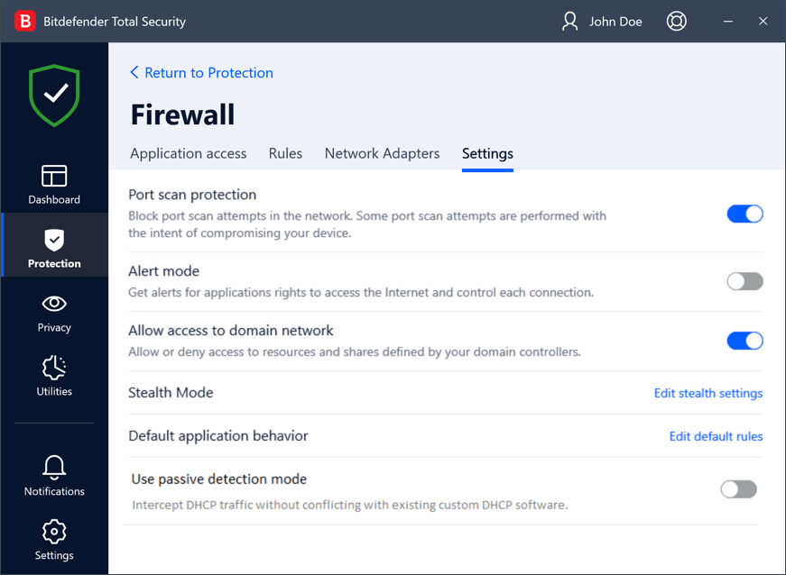Bitdefender firewall settings