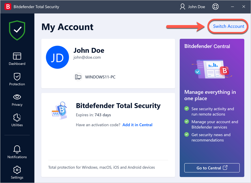 Switch Account - Bitdefender security for Windows