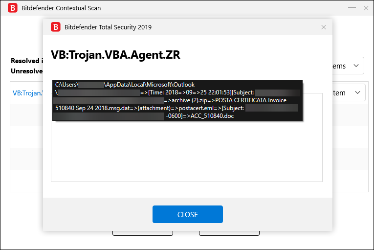 Threats detected in e-mail attachments after a Bitdefender scan 