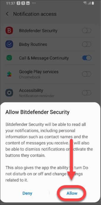 Allow Bitdefender Scam Alert to scan notifications