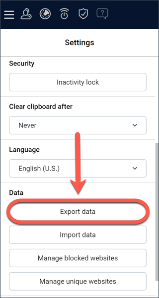 Click Export data to export passwords from Bitdefender Password Manager