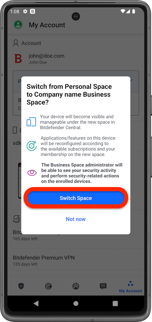 如果裝置未使用 Bitdefender Ultimate Small Business Security,請切換至企業空間。