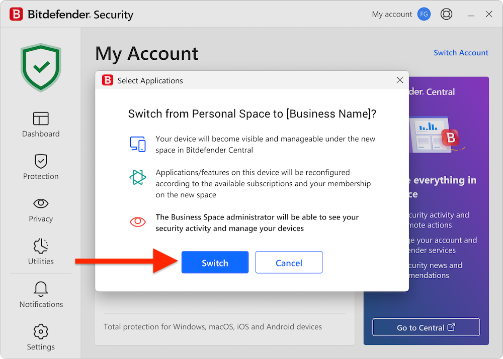 如果裝置未使用 Bitdefender Ultimate Small Business Security,請切換至企業空間。