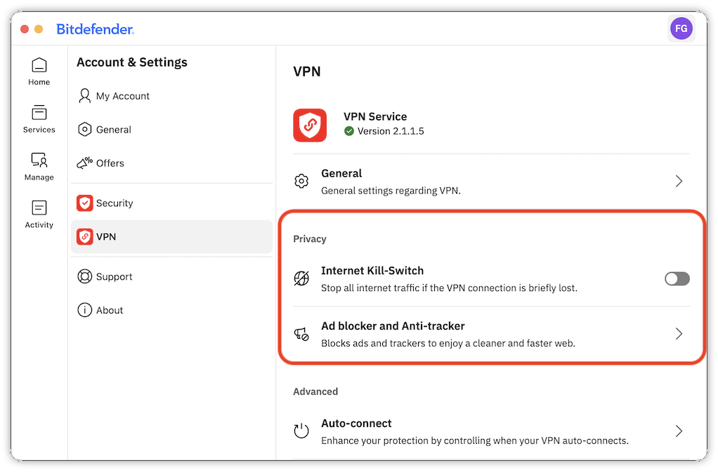 Bitdefender for macOS 中的 VPN 隱私設定