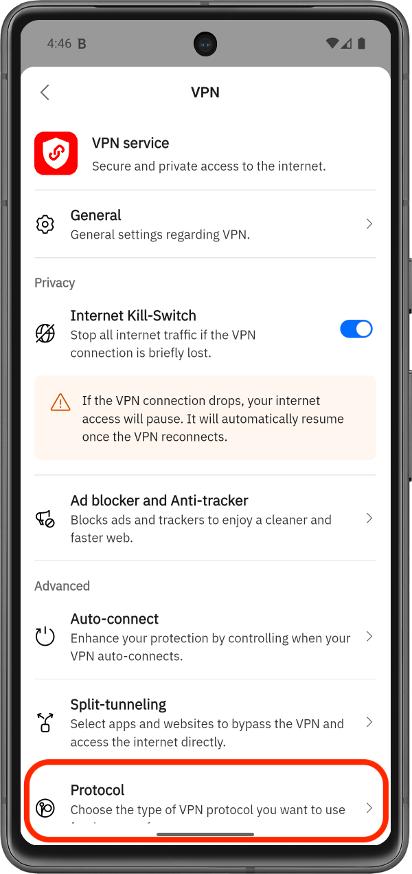 Bitdefender Hub 中的 VPN 協定