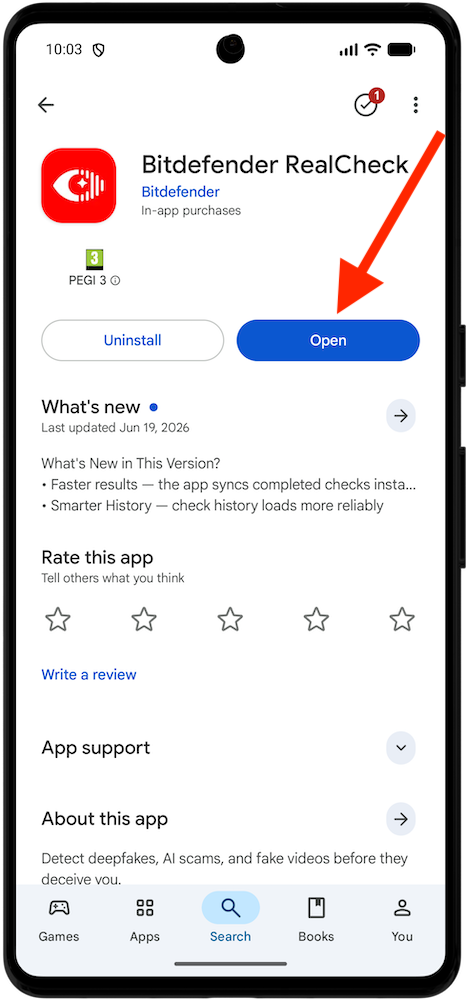 安裝完畢後,請點選「開啟」以啟動 Bitdefender RealCheck for Android