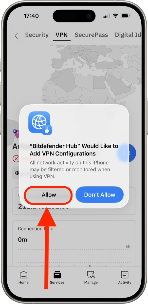 在 iOS 上點擊「確定」以授予 VPN 權限