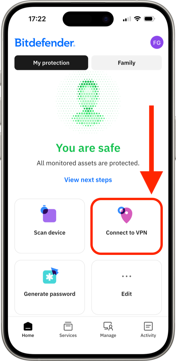 如何在 iOS 上連線至 VPN — Bitdefender Hub 主畫面