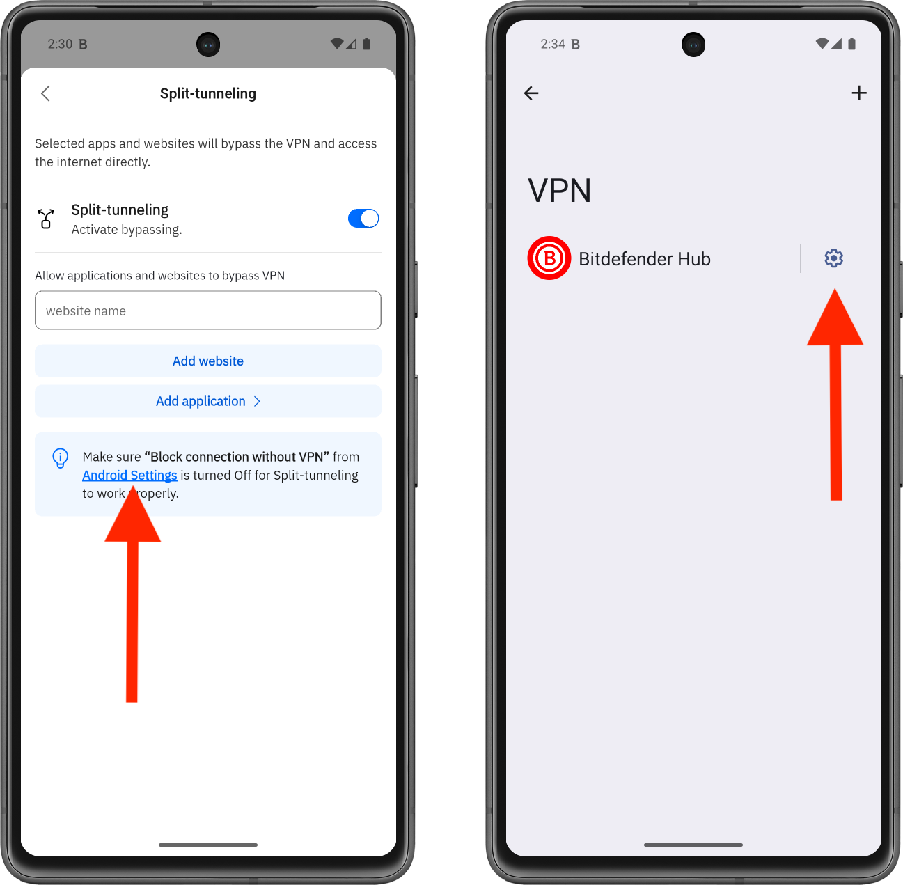 請確保在 Android 設定中將「阻擋未經 VPN 的連線」功能關閉,以確保分流管道能正常運作