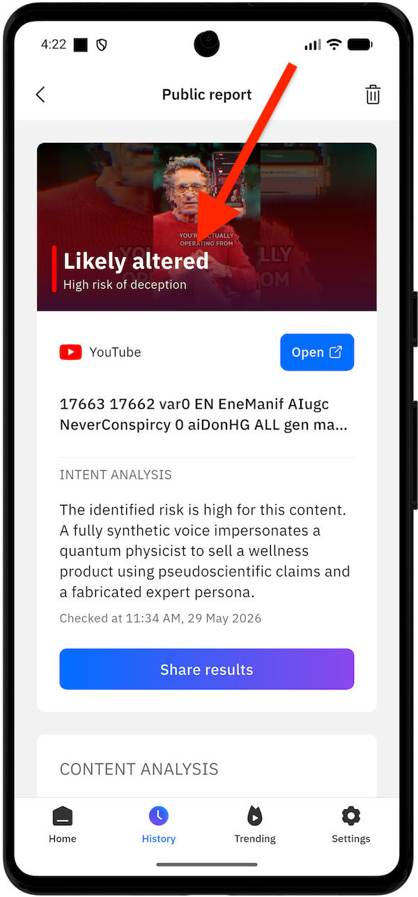 RealCheck 報告會指出該影片是 AI 生成還是真實影片