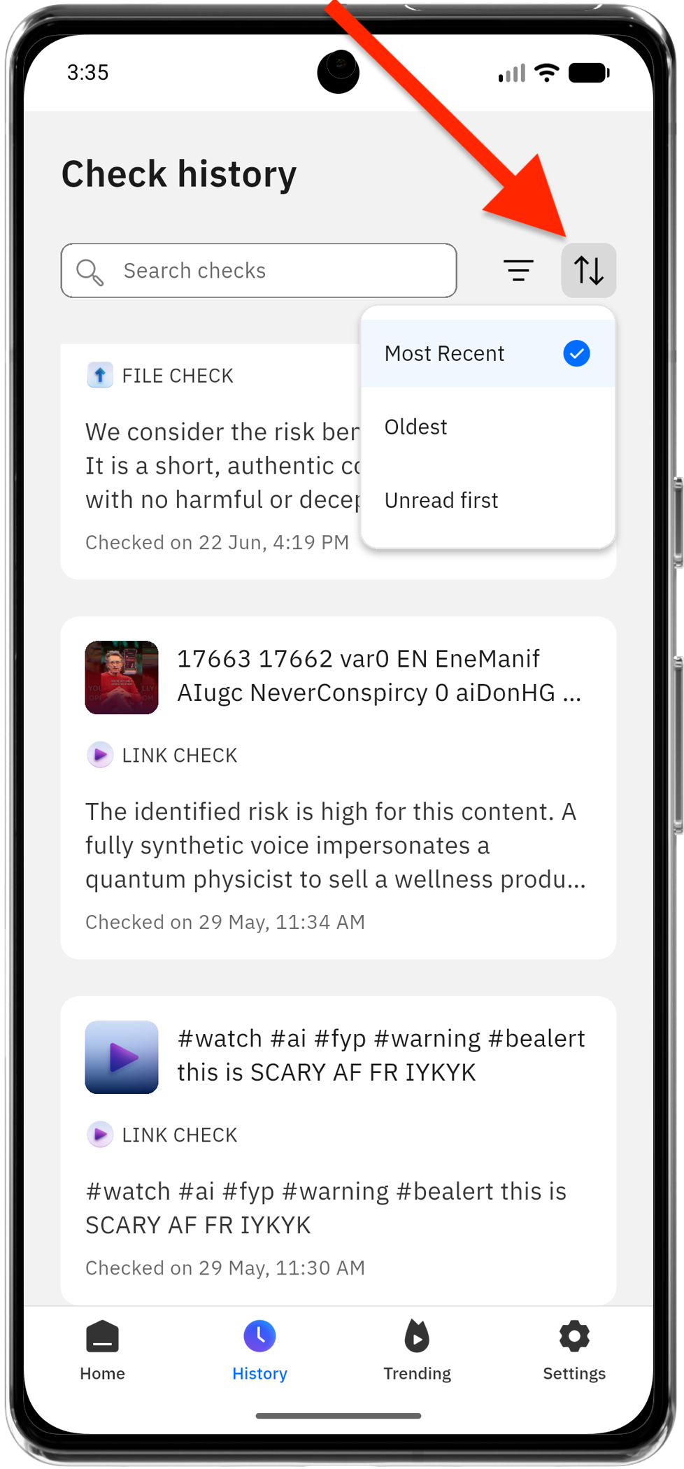 如何排序 RealCheck 的影片檢查記錄