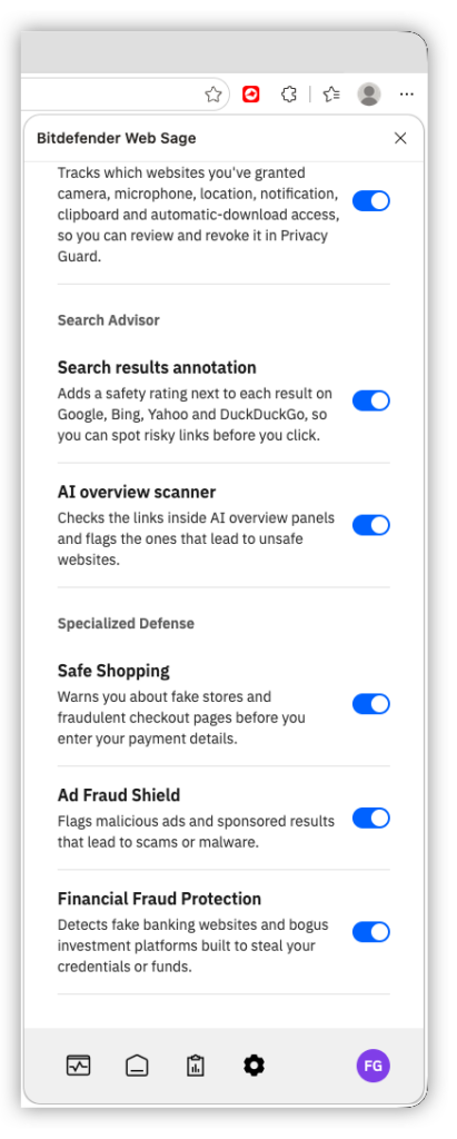 Bitdefender Web Sage - 更多「安全顧問」設定